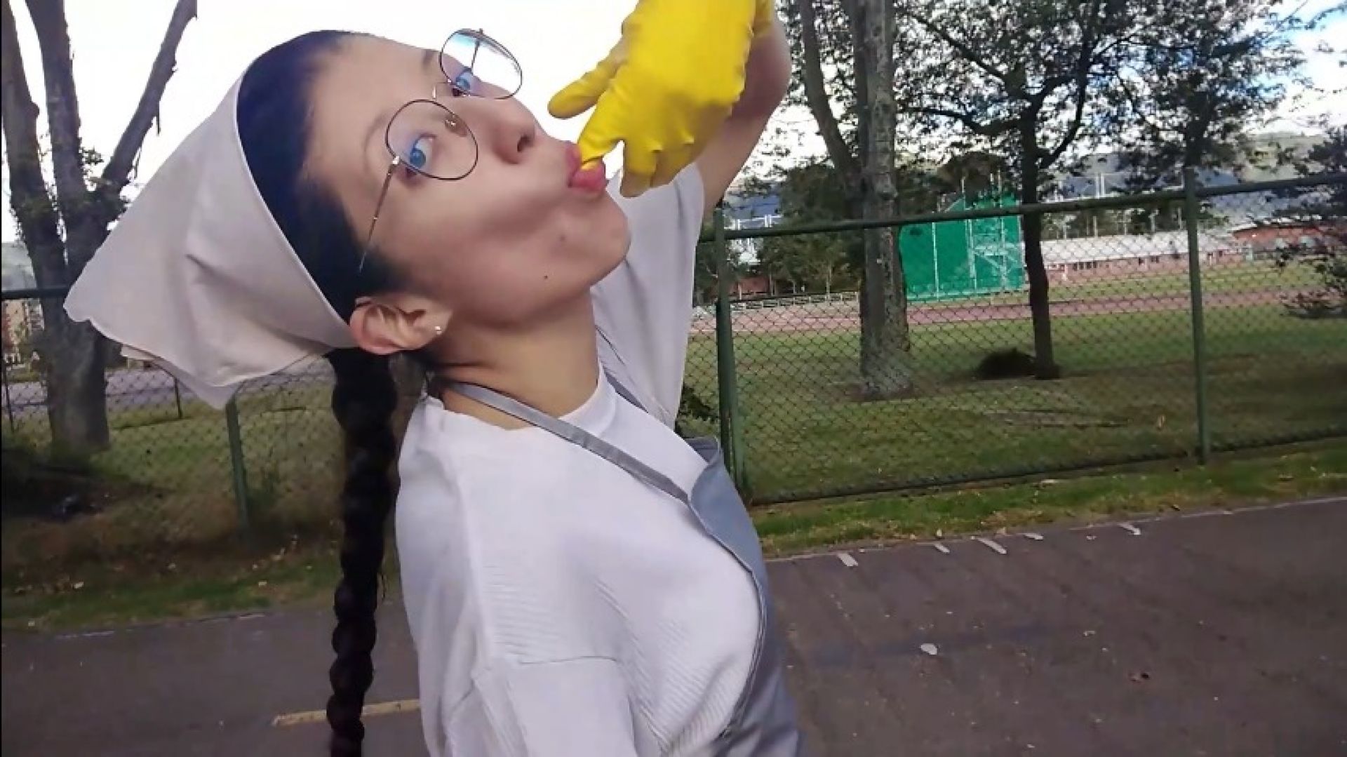 CLEANING LADY PUBLIC BATHROOM WITH YELLOW GLOVES FOR 8 HOURS