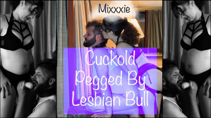 Cuckold Pegged By Lesbian Bull