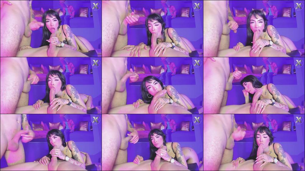 Beautiful gothic girl devours two cocks - deepthroat