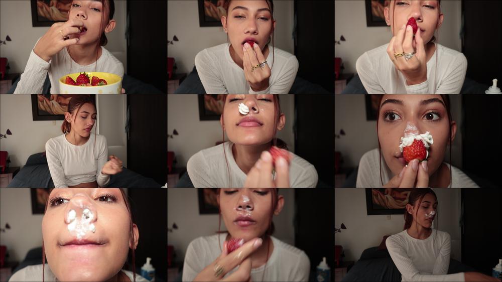 placing strawberries and cream on my nose