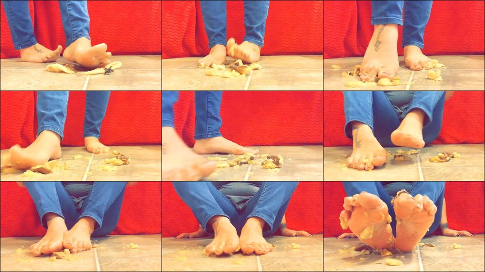 Crushing a banana barefoot