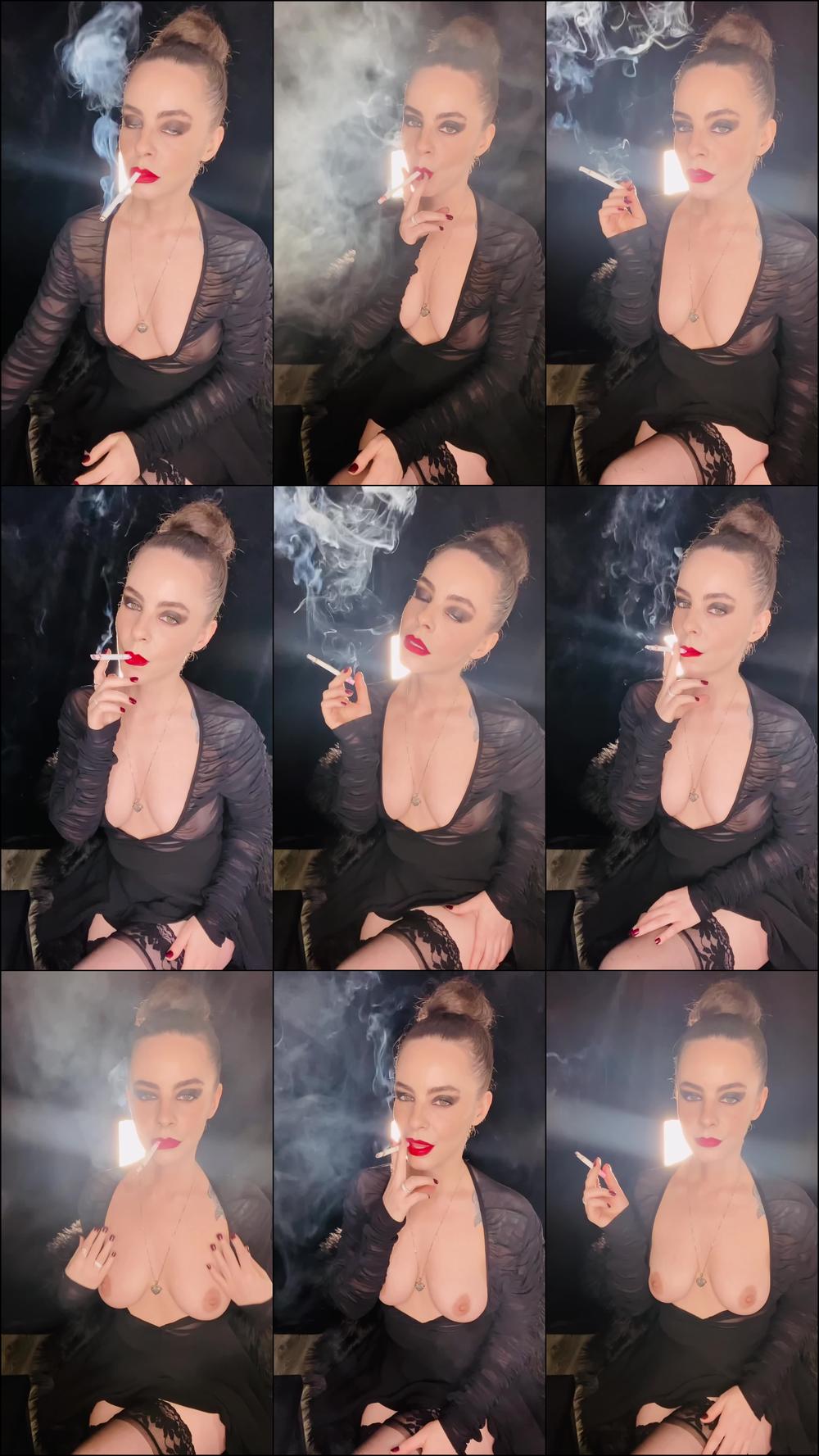 Smoking With Sexy Red Lips & Hair in Bun