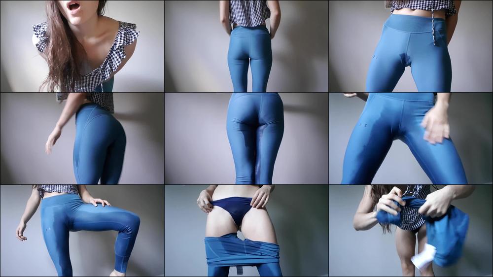 Peeing in Blue Leggings