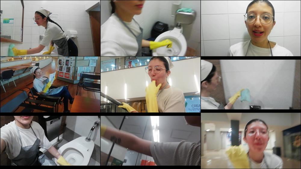 CLEANING LADY PUBLIC BATHROOM WITH YELLOW GLOVES FOR 8 HOURS