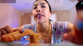 Youthful nymph revels in massive dildo, chin slick with sali (Melted_Chocolate)