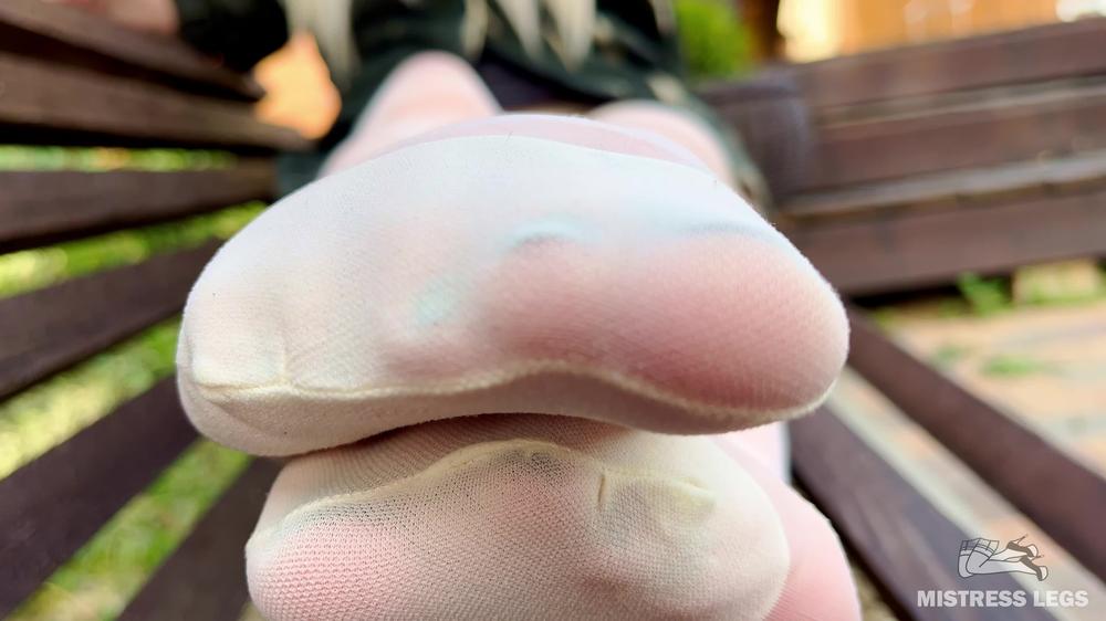 Mistress Legs - Enjoy Seductive Nylon Feet On A Bench In White Patterned Pantyhose (4K Hd)