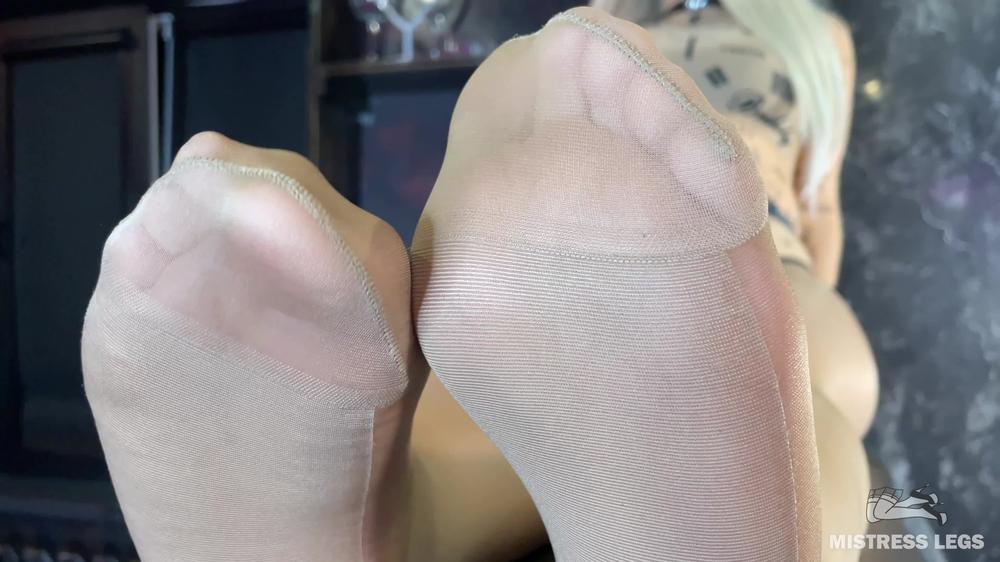 Mistress Legs - Beautiful Feet Of The Mistress In Flesh-Colored Tights Tease You On The Table Close-Up (Mp4 4K)