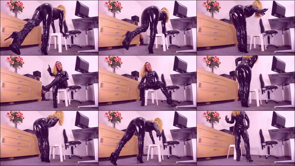 Boots, latex catsuit, leather gloves