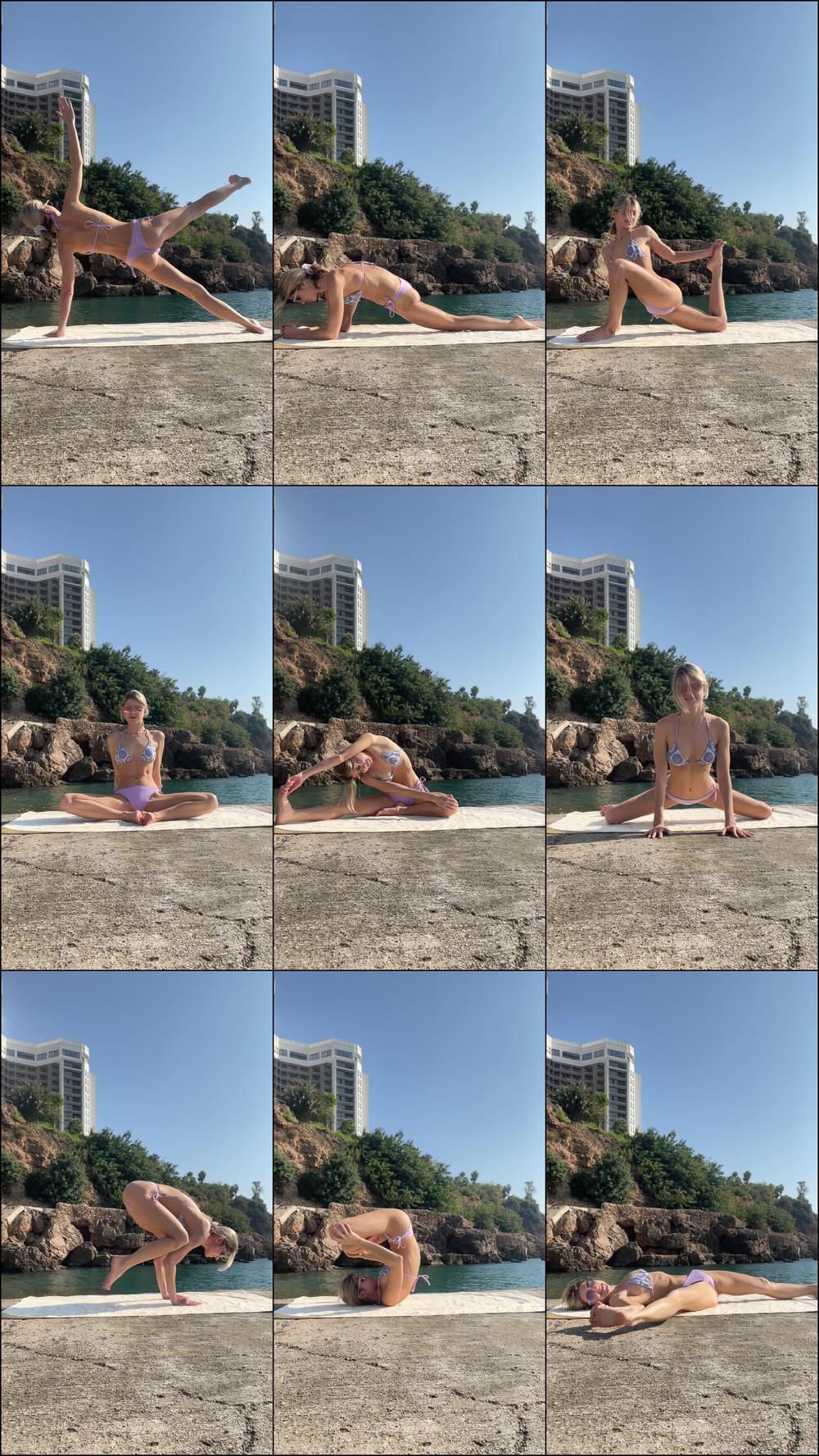 Bikini yoga by the sea