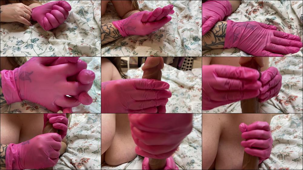 Latex fetish. Gloved hands playing with cock