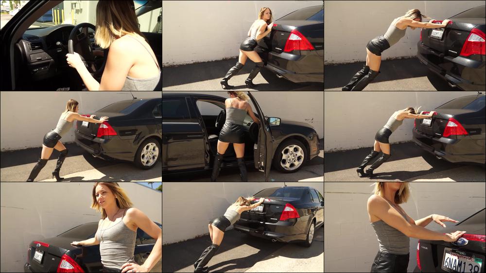 Amber Struggles to Push Broken Down Car