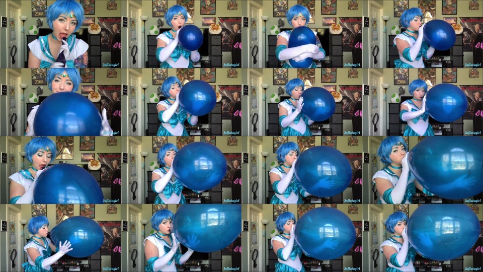 Inflatagirl Sailor Mercury Blowing Up A Blue Balloon