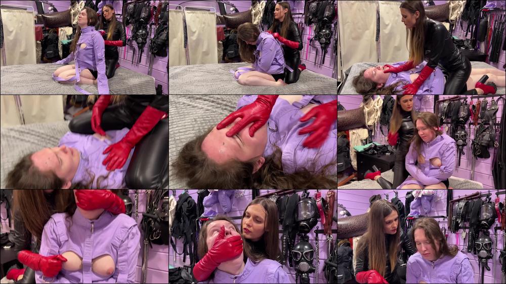 Faceslapping and hand over mouth in long red leather gloves