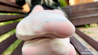 Mistress Legs - Enjoy Seductive Nylon Feet On A Bench In White Patterned Pantyhose (4K Hd) (Mistress Legs)