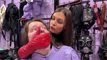 Faceslapping and hand over mouth in long red leather gloves (MistressPriest)